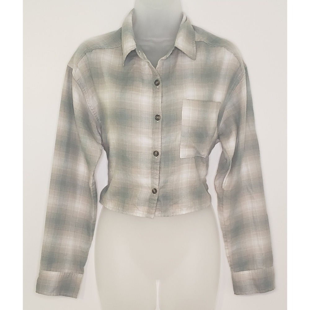 Hollister Cropped Viscose Brown Flannel Plaid Button Up Long Sleeve Women XS